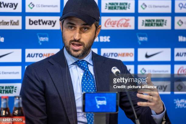 March 2023, Berlin: Soccer: Bundesliga, Hertha BSC press conference on the entry of the new investor 777 Partners. Josh Wander, CEO 777 Partners,...