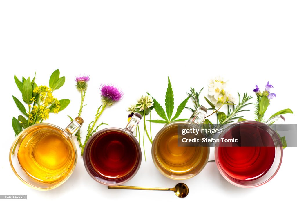 Various colorful herbal tea collection in glass cups on white background