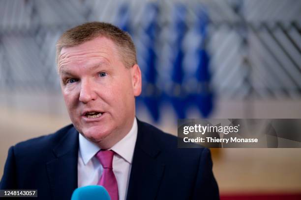 Irish Minister Minister for Finance Michael McGrath is talking to media prior an Eurogroup Ministers meeting in the Europa, the EU Council...