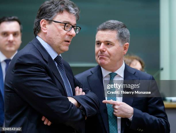 Prior an Eurogroup Ministers meeting in the Europa, the EU Council headquarter on March 13, 2023 in Brussels, Belgium. Ministers will hold an...