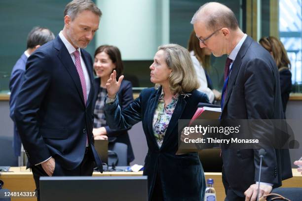 German Federal Minister of Finance Christian Lindner is talking with the Spanish Minister of Minister of Economy, Industry and Competitiveness Nadia...