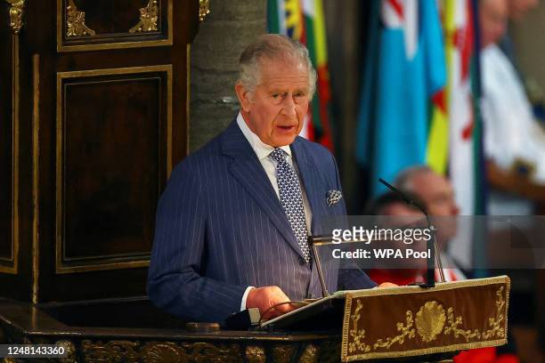 King Charles III delivers his Commonwealth Day message as he attends the annual Commonwealth Day Service at Westminster Abbey on March 13, 2023 in...