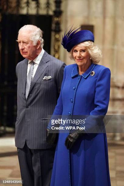King Charles III and Camilla, Queen Consort attend the annual Commonwealth Day Service at Westminster Abbey on March 13, 2023 in London, England.