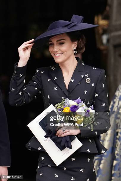 Catherine, Princess of Wales departs the annual Commonwealth Day Service at Westminster Abbey on March 13, 2023 in London, England.