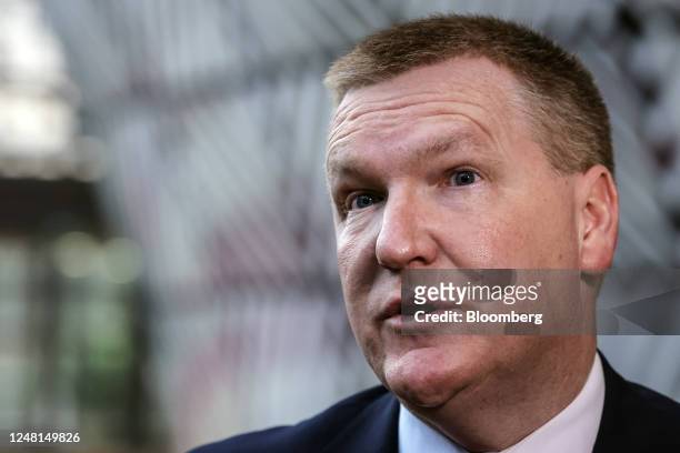 Michael McGrath, Ireland's finance minister, speaks to the media ahead of a Eurogroup meeting at the European Council headquarters in Brussels,...