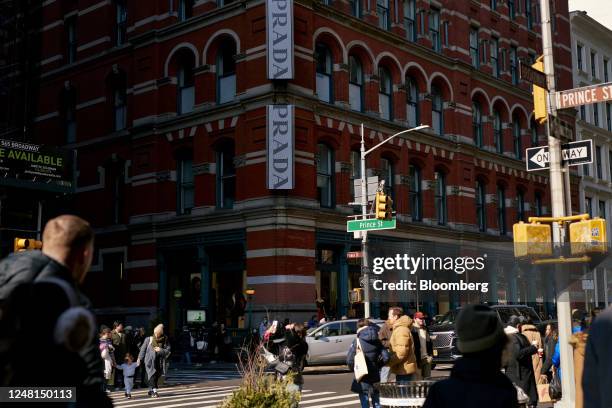 Prada signage outside a building in the SoHo neighborhood of New York, US, on Sunday, Feb. 26, 2023. Spending by the youngest group of US adults has...