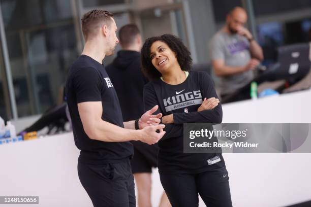 Lindsey Harding of the Sacramento Kings participates in an all access practice on March 7, 2023 at the Golden 1 Center in Sacramento, California....