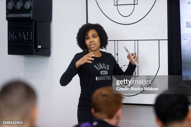 Lindsey Harding of the Sacramento Kings participates in an all access practice on March 8, 2023 at the Golden 1 Center in Sacramento, California....