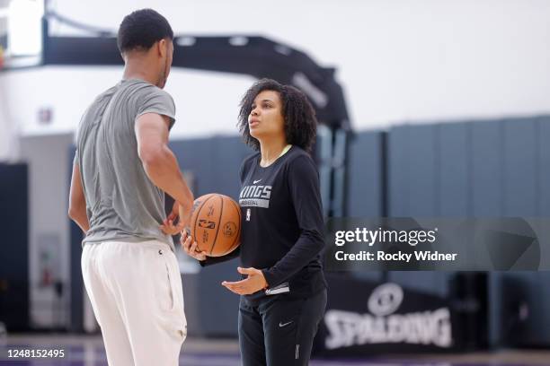 Lindsey Harding of the Sacramento Kings participates in an all access practice on March 7, 2023 at the Golden 1 Center in Sacramento, California....