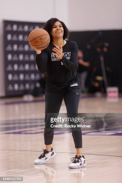 Lindsey Harding of the Sacramento Kings participates in an all access practice on March 7, 2023 at the Golden 1 Center in Sacramento, California....