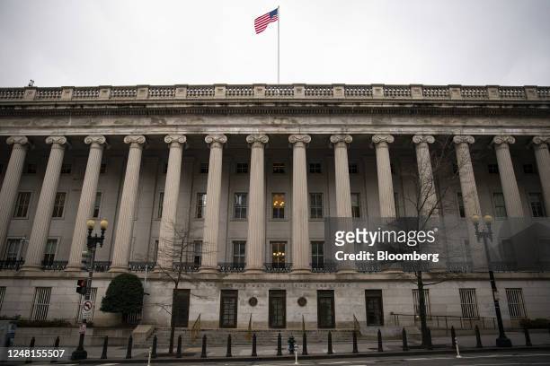 The US Treasury building in Washington, DC, US, on Monday, March 13, 2023. US authorities took extraordinary measures to shore up confidence in the...