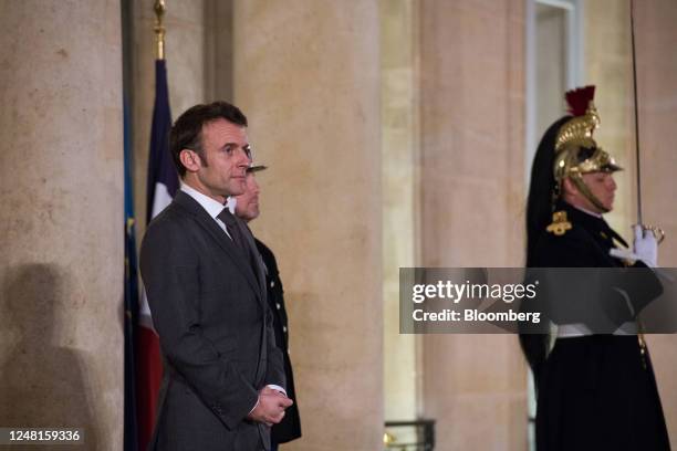 Emmanuel Macron, France's president, waits for Viktor Orban, Hungary prime minister, not pictured, ahead of their working dinner at the Elysee Palace...