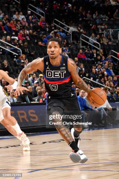 Rodney McGruder of the Detroit Pistons dribbles the ball during the game against the Indiana Pacers on March 13, 2023 at Little Caesars Arena in...