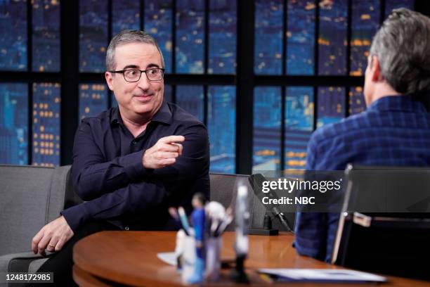 Episode 1405 -- Pictured: Comedian John Oliver during an interview with host Seth Meyers on March 13, 2023 --