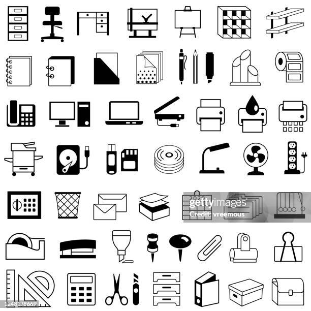 stockillustraties, clipart, cartoons en iconen met kantoor- en briefpapierbenodigdheden, apparatuur en meubelpictogrammen - fotokopieerapparaat