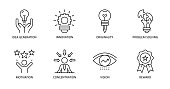 Vector creativity icons. Editable Stroke. Idea generation, concentration, problem solving, motivation, reward, vision, originality, innovation.