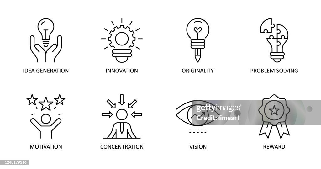 Vector creativity icons. Editable Stroke. Idea generation, concentration, problem solving, motivation, reward, vision, originality, innovation.