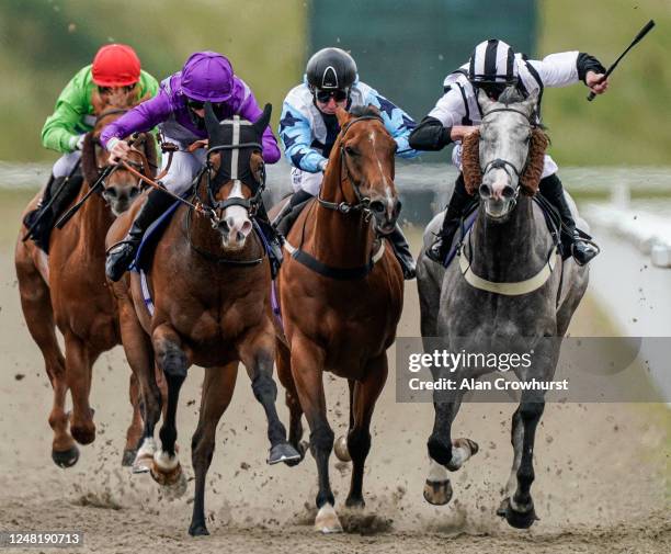 Thomas Greatrex riding Atalanta's Boy win The Howe Green Handicap at Chelmsford City Racecourse on June 08, 2020 in Chelmsford, England.