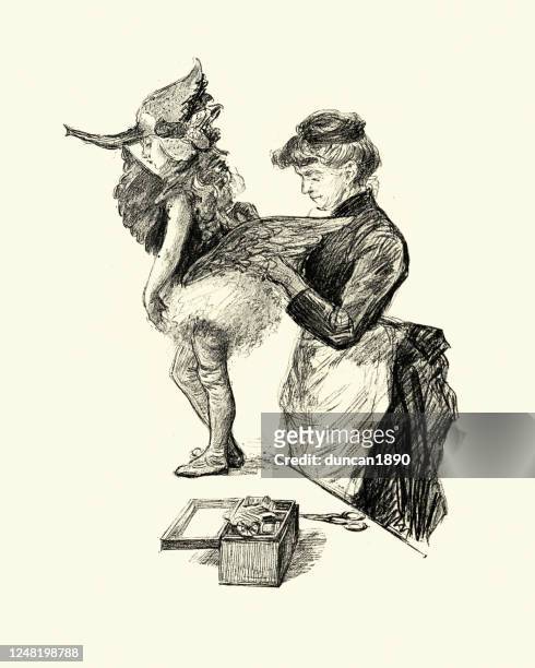 mutter nähen kostüm für ihre tochter, französisch, 1890er jahre - mädchen sticken stock-grafiken, -clipart, -cartoons und -symbole