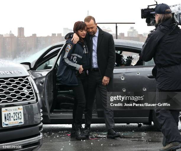 Marisa Ramirez and Donnie Wahlberg are seen on the set of "Blue Bloods" in Greenpoint, Brooklyn on March 13, 2023 in New York City.