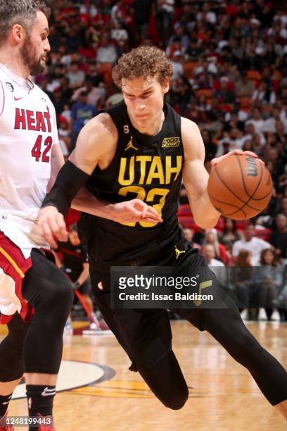 Lauri Markkanen of the Utah Jazz drives to the basket against the Miami Heat on March 13, 2023 at FTX Arena in Miami, Florida. NOTE TO USER: User...