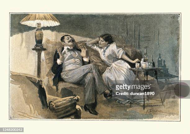 victorian husband and wife, couple relaxing at home in evening, 1890s - date night romance stock illustrations