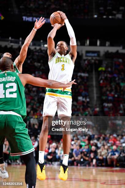 Jabari Smith Jr. #1 of the Houston Rockets shoots the ball during the game against the Boston Celtics on March 13, 2023 at the Toyota Center in...