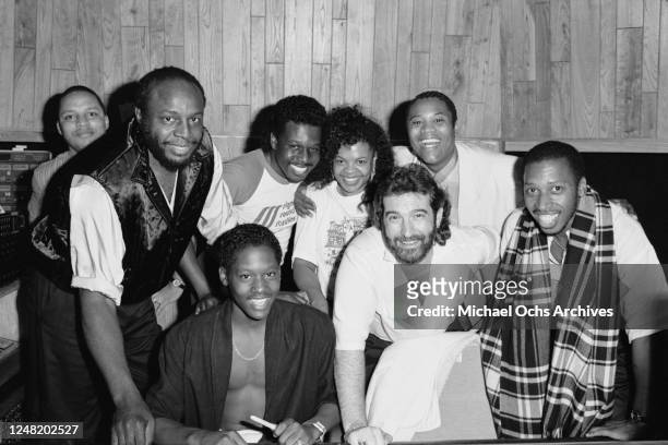 American singer and songwriters Johnny Gill and Jeffrey Osborne at Sigma Sound recording studio, USA, circa 1982. Also pictured are Osborne's...