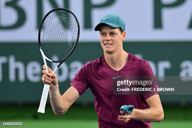 Italy's Jannik Sinner acknowledges the crowd after defeating France's Adrian Mannarino during their ATP Indian Wells Masters third round tennis match...