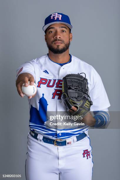 Duane Underwood Jr. #56 of Team Puerto Rico poses for a photo during the Team Puerto Rico 2023 World Baseball Classic Headshots at JetBlue Park on...