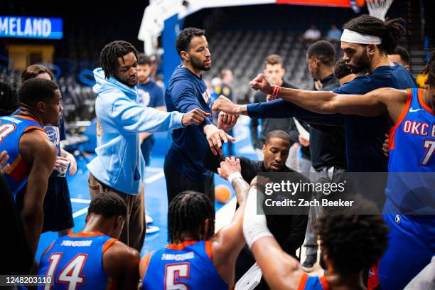 Oklahoma City Blue head coach Kameron Turner speaks to the team during a game against the Ontario Clippers on March 13, 2023 at the Paycom Center in...