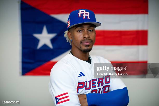 Francisco Lindor of Team Puerto Rico poses for a photo during the Team Puerto Rico 2023 World Baseball Classic Headshots at JetBlue Park on Tuesday,...