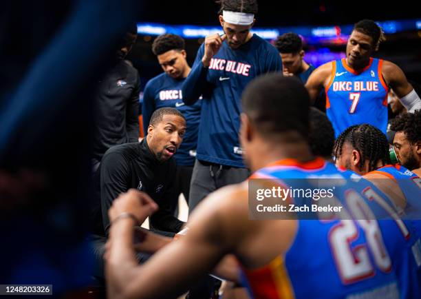 Oklahoma City Blue head coach Kameron Turner speaks to the team during a game against the Ontario Clippers on March 13, 2023 at the Paycom Center in...