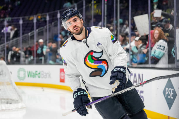 Jaycob Megna of the Seattle Kraken skates on the ice in his special Pride Night jersey during warmups before a game against the Dallas Stars at...