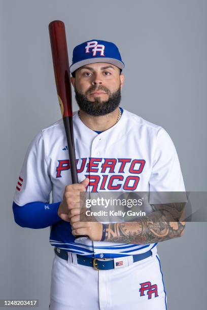 Emmanuel Rivera of Team Puerto Rico poses for a photo during the Team Puerto Rico 2023 World Baseball Classic Headshots at JetBlue Park on Tuesday,...