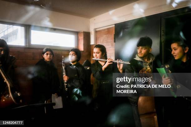 Music students from the National Institute of Music of Afghanistan rehearse at the backstage prior to a concert at the Music Conservatory of Braga,...