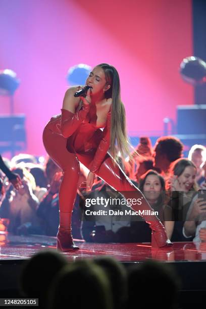 Tate McRae performs onstage during the 2023 JUNO Awards at Rogers Place on March 13, 2023 in Edmonton, Canada.