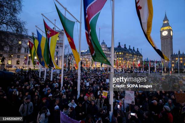 The view of protesters during the rally at Parliament Square. Several hundred protesters demonstrated outside the UK Parliament while the Illegal...