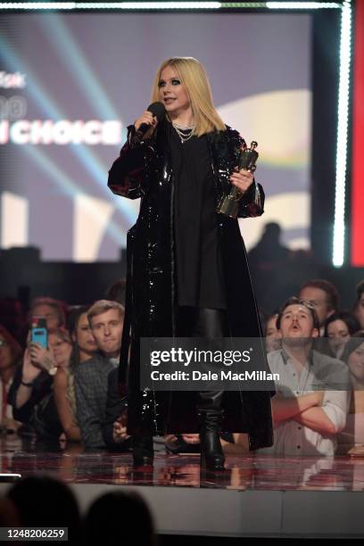 Juno Fan Choice winner Avril Lavigne speaks at the 2023 JUNO Awards at Rogers Place on March 13, 2023 in Edmonton, Canada.