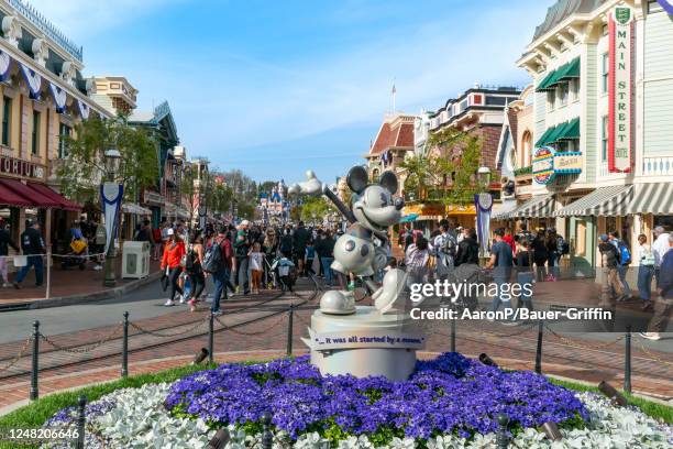 General views of the new Mickey Mouse statue on Main Street, during the "100 Years of Wonder" celebration at Disneyland on March 13, 2023 in Anaheim,...