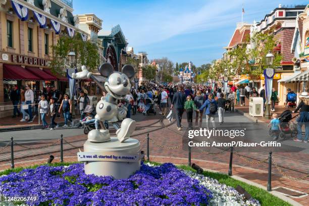 General views of the new Mickey Mouse statue on Main Street, during the "100 Years of Wonder" celebration at Disneyland on March 13, 2023 in Anaheim,...