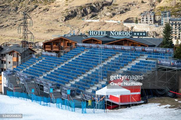Panorama on the Aliga slope of the Audi FIS Alpine Ski World Cup Finals Andorra 2023 prior to the start of the competition in March 13.