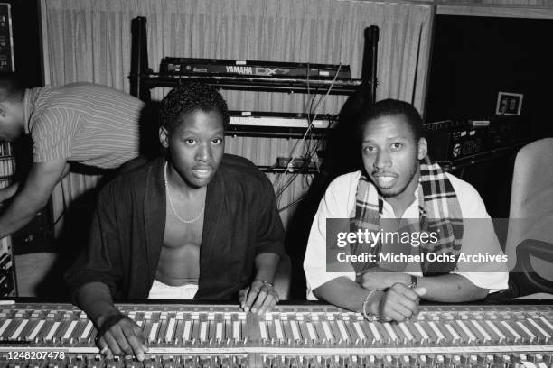 American singer and songwriters Johnny Gill and Jeffrey Osborne at Sigma Sound recording studio, USA, circa 1982.