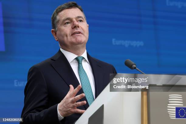 Paschal Donohoe, president of the Eurogroup, at a news conference following a Eurogroup meeting at the European Council headquarters in Brussels,...