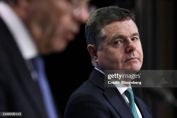 Paschal Donohoe, president of the Eurogroup, at a news conference following a Eurogroup meeting at the European Council headquarters in Brussels,...