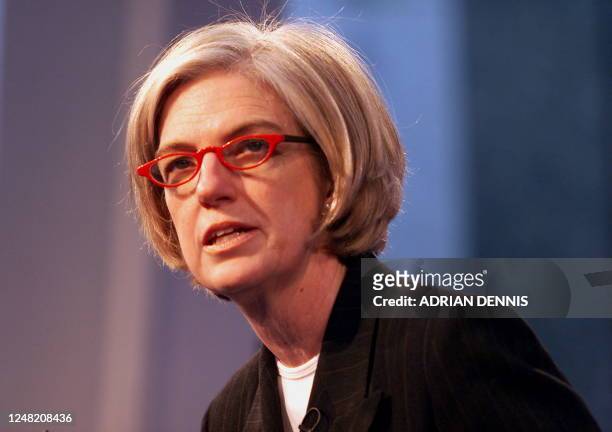 Broadcast executive Majorie Scardino , Chief Executive Officer of Pearson speaks 07 April 2000, during the press conference announcing the merger of...