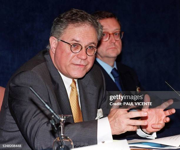 Werner G. Seifert , Chief Executive of Deutsche Borse gestures watched by Gavin Casey, Chief Executive of the London Stock Exchange, during a news...