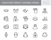 Medical PPE line icons. Vector illustration included icon as face mask, gloves, doctor gown, hair cover, biohazard waste, outline pictogram of protective equipment 64x64 Pixel Perfect Editable Stroke
