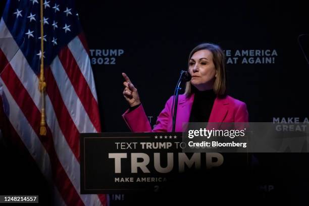 Kim Reynolds, governor of Iowa, introduces former US President Donald Trump, not pictured, during an "America First Education Policy" event in...