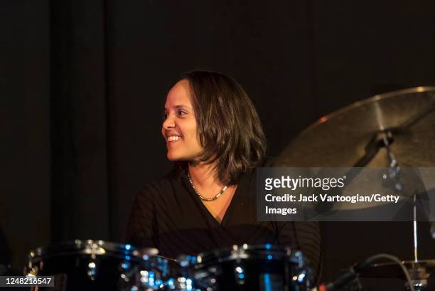 American Jazz musician Terri Lyne Carrington plays drums as she performs during the NYC Winter JazzFest 2015 at the Minetta Lane Theatre, Greenwich...